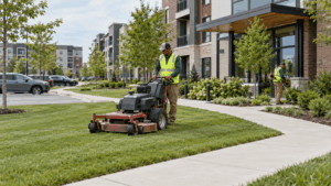 Landscaping crew mowing a common area