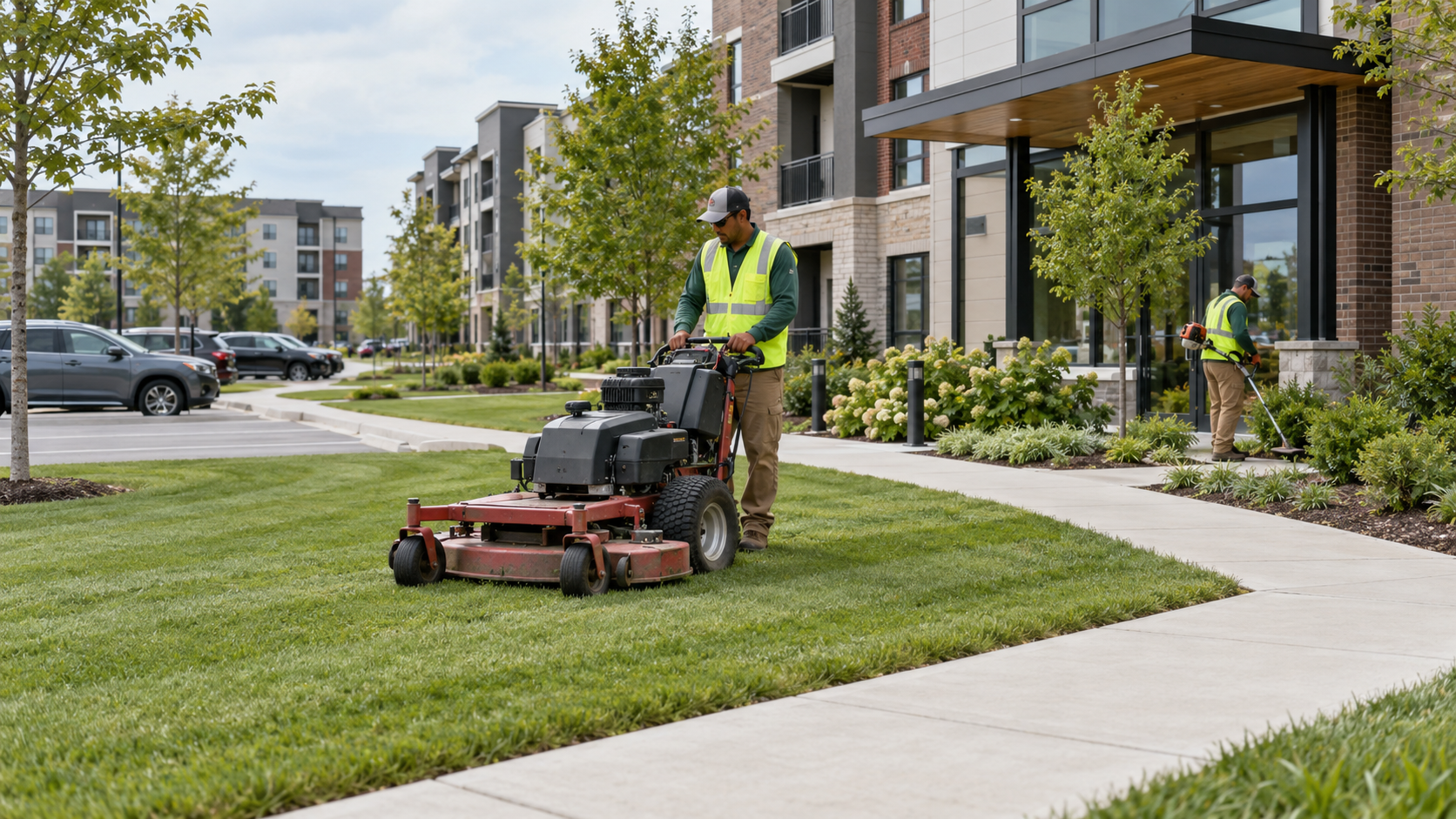 Landscaping crew mowing a common area