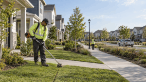 Landscaping crew mowing a common area