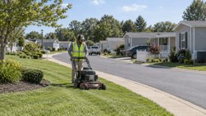 Landscaping crew mowing a common area